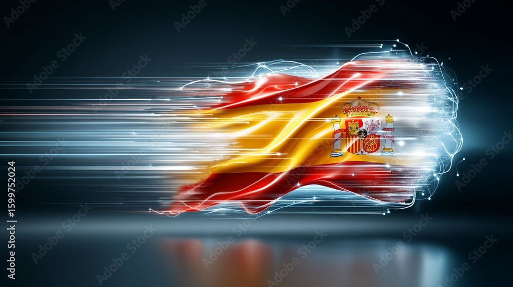 Poster dynamic flowing spanish flag with glowing light streaks and luminous abstract waves creating a futur