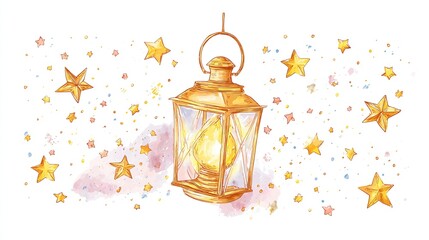 Watercolor illustration of a gold lantern with stars