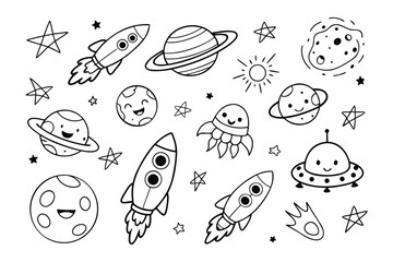 Cosmic Cartoon: A whimsical assortment of hand-drawn celestial objects, rocketships, and planets creates a playful and imaginative space-themed design.