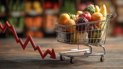Shopping cart filled with fresh produce next to a declining graph on a wooden surface