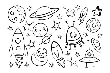 Space Doodle: A whimsical illustration of space elements including planets, rockets, stars, and celestial objects, perfect for playful projects and educational materials.