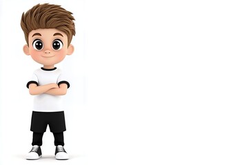 Cheerful Cartoon Boy with Brown Hair in White Shirt and Black Shorts