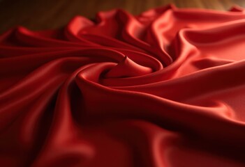 Obraz premium luxurious rich red fabric draped over elegant wooden surface textiles texture natural aesthetic, luxury, home, decor, design, interior, linen, smooth