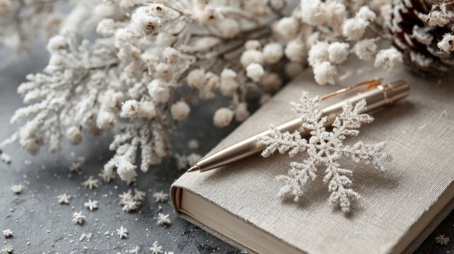 Winter notebook with golden pen and snowflake ornament on cozy background. Winter journal prompts, winter writing inspiration