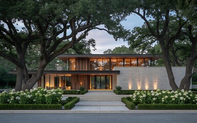 Fototapeta premium Luxury modern home exterior with manicured landscaping and mature trees at dusk evening