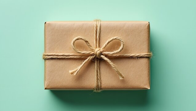 A simple, square gift box wrapped in brown kraft paper and tied with twine, presented on a light teal background.