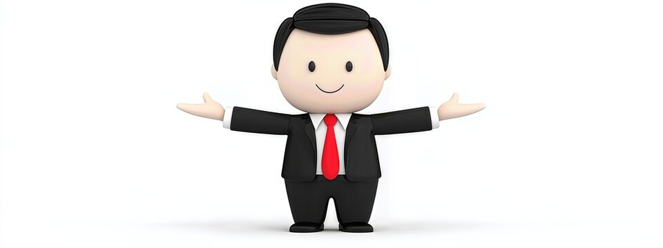 Cheerful Cartoon Businessman in Suit and Red Tie, White Background