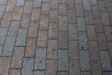 Texture of paving tile. Pattern of red, brown, and gray sidewalk tiles in the street. Concrete pavers background.