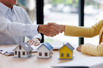 Business man offer and give hand for handshake in office. Successful job interview. Apply for loan...