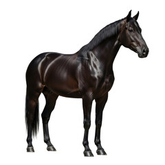 Obraz premium A stunning black horse stands gracefully, showcasing its sleek, dark coat and powerful build. Ideal for themes of equestrian sport, strength, and natural beauty.