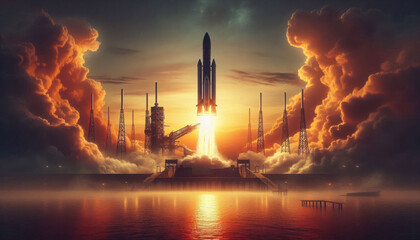 space shuttle launching large smoke and lake