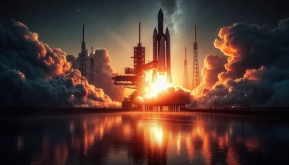 space shuttle launching large smoke and lake