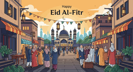 Fototapeta premium Happy Eid Al-Fitr Celebration in a Festive City Street