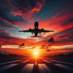 airplane taking off runway with vibrant sunset sky