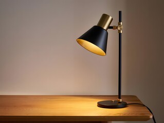 A stylish black desk lamp with a gold interior illuminates a wooden surface, casting a warm glow against a neutral background.