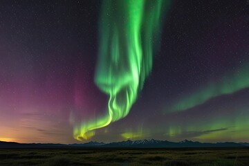 Wide view of beautiful northern light with grass field and mountain