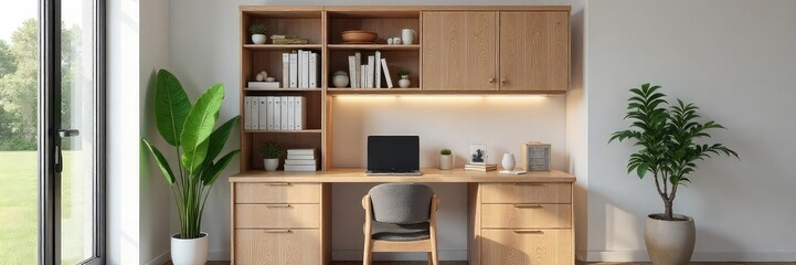 A compact and stylish home office setup featuring a cupboard desk, perfect for small spaces Ideal for working from home or as a student study space The cupboard provides ample storage , simple, clean