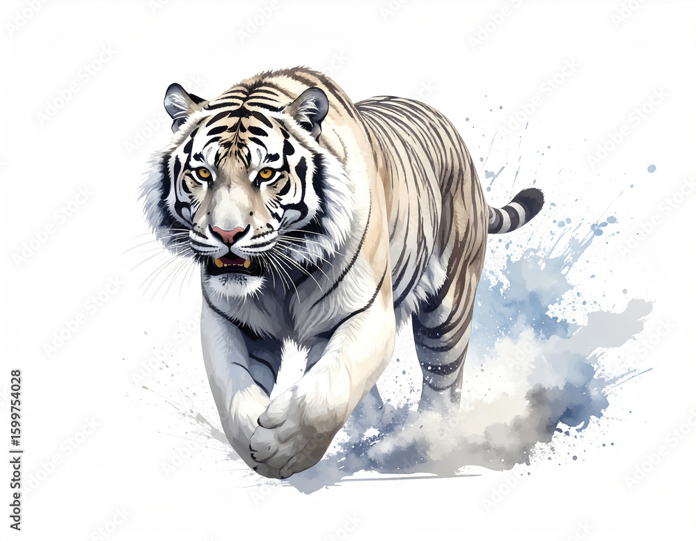 Poster white tiger running forward with intense gaze and dynamic motion, splashes of paint around its power