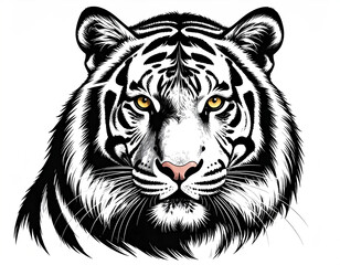 Obraz premium Detailed black and white illustration of tiger head with striking yellow eyes and pink nose, showcasing animal fierce and majestic expression in realistic style