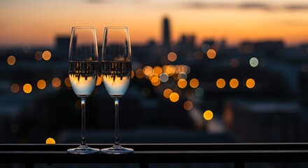 Celebratory Toast with Champagne Glasses Overlooking City Skyline at Sunset Featuring Bokeh Lights for Romantic Evening