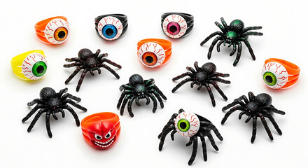 A collection of plastic halloween rings and spider toys scattered on a white surface for decorations