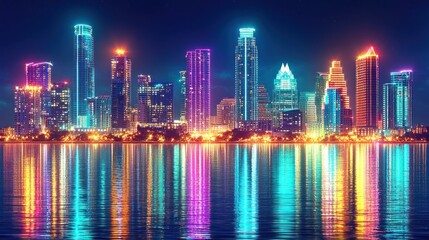 Neon Austin Skyline: Nighttime Reflection on Lady Bird Lake