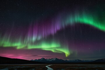 Wide view of beautiful northern light with grass field and mountain