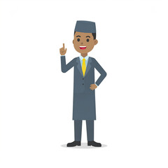 Smiling male cartoon character wearing gray suit and hat with yellow tie, standing with one hand on hip and other pointing up, isolated on white background