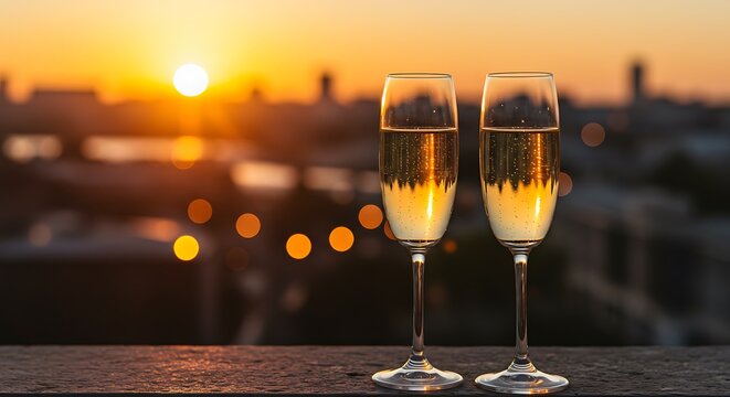 Champagne toast at sunset on rooftop with skyline view romantic celebration elegant occasion golden hour reflections city lights - Powered by Adobe