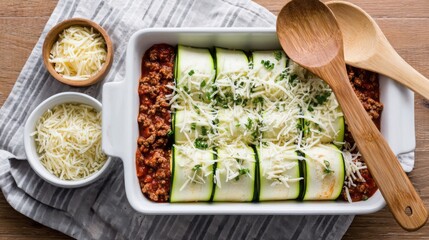 top view of zucchini lasagna being assembled, layers of zucchini slices, meat sauce, and cheese in a baking dish, wooden spoon nearby, clean kitchen counter
