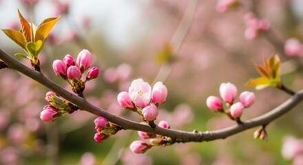 Obraz premium Delicate Pink Blossoms on Branch, Springtime Floral Macro Photography, Soft Focus Background
