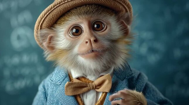 monkey on a classroom, looking at camera, give education for content creator video