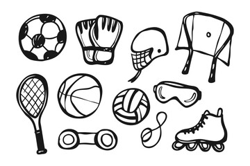 Sports Equipment Collection: A diverse collection of iconic sports equipment artfully illustrated in a classic, monochromatic style.