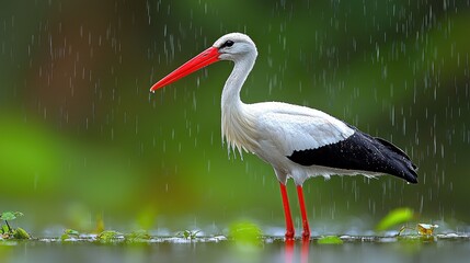 Fototapeta premium Majestic White Stork in the Rain: A Serene Moment in Nature