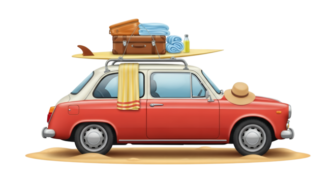 Vintage Red Car Packed for a Summer Beach Road Trip with Surfboard and Luggage - Powered by Adobe