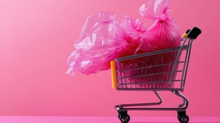 Pink minimalism meets pollution: plastic bags bursting from miniature shopping cart