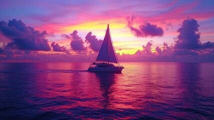 Majestic Sunset Sailboat Voyage: A Serene Pink and Purple Ocean Escape