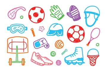 Playtime Doodle: A vibrant hand-drawn illustration bursts with playful energy, showcasing a diverse array of sports equipment, perfect for sparking joy and imagination. 
