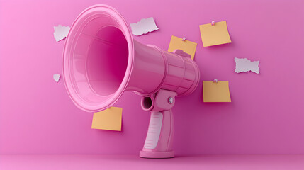 Pink megaphone with sticky notes on a pink background.