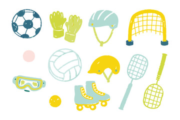 Diverse Sports Equipment Collection: A vibrant illustration showcases a collection of sports equipment, meticulously crafted to inspire a sense of fun, active lifestyle, and adventure.