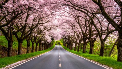 Fototapeta premium A paved road lined with cherry blossoms stretches into a tunnel of vibrant pink