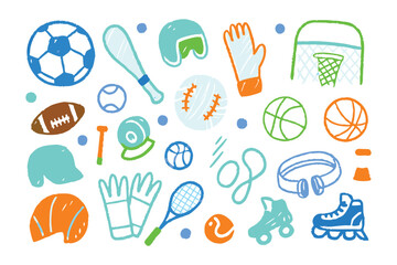 Sports Equipment Collection: A vibrant collection of hand-drawn illustrations of diverse sports equipment, capturing the playful spirit and variety of athletic activities.