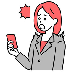 スマートフォンの画面を見て驚くスーツの女性
