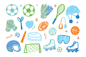 Sports Equipment Collage: A whimsical collection of hand-drawn sports equipment elements, capturing the fun and dynamism of various athletic activities. 