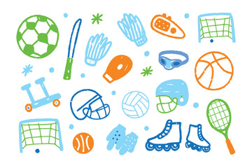 Playful Sports Equipment Doodle: A vibrant, hand-drawn collection of sports gear, embodying the spirit of fun, activity, and competition, rendered in a whimsical doodle style.