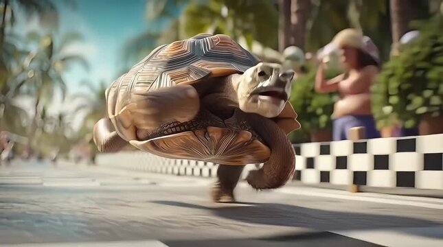 A determined turtle races forward with blurred rabbits in the background, symbolizing perseverance and overcoming obstacles.
