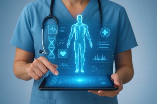 Medical Professional Exploring Human Anatomy: A dedicated medical professional interacts with a digital representation of the human body. using medical tools for insights.