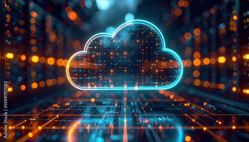 Poster modern digital cloud computing technology with glowing cloud icon over futuristic data center backgr