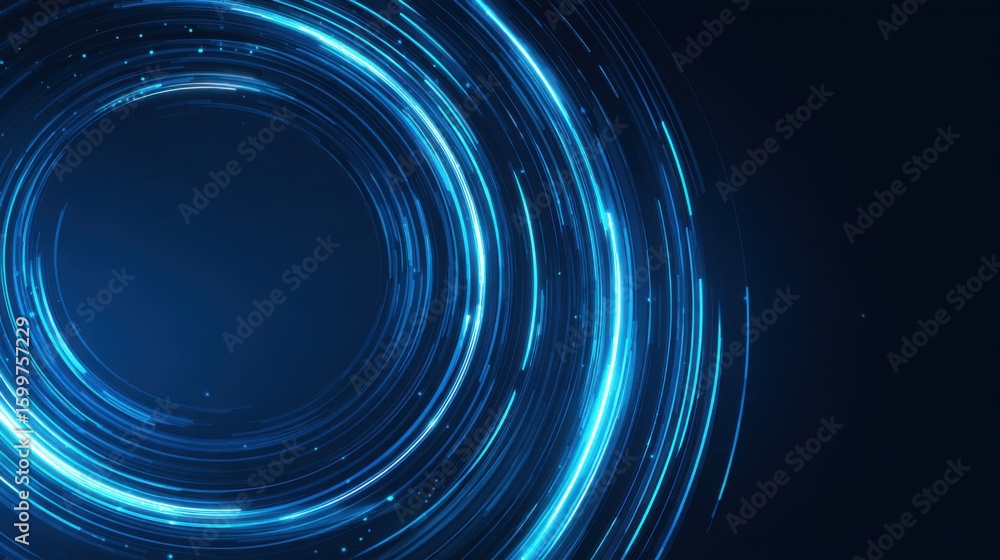 Poster cascading blue light trails create a sense of motion in a dark environment. the vibrant colors and c