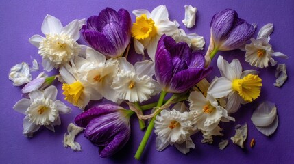 Colorful spring flowers arranged on a purple background.